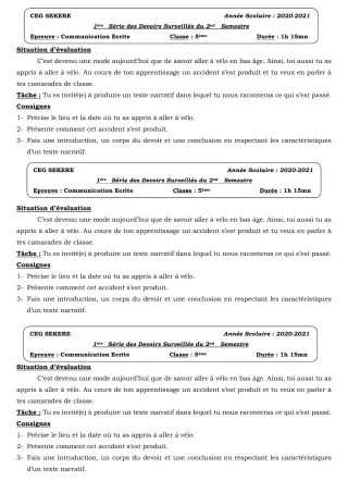 Première page de Français 5e — 1er devoir surveillé (2020-2021) · CEG SEKERE