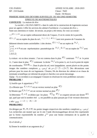 Première page de Mathématiques Tle D — Devoir surveillé, 2e semestre (2018-2019) · CEG PAHOU