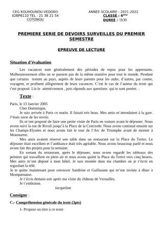 Première page de Français 6e — 1er devoir surveillé, 1er semestre (2021-2022) · CEG Kouhounou-Vêdoko