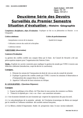 Première page de Histoire-Géographie Tle C, Tle D — 2e devoir surveillé, 1er semestre (2019-2020) · CEG Agassa Godomey