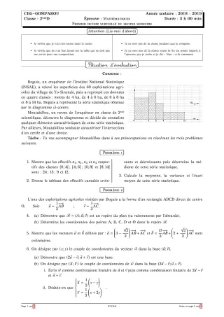 Première page de Mathématiques 2nde D — Composition (2018-2019) · CEG Gomparou