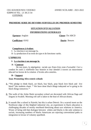 Première page de Anglais Tle A1, Tle A2, Tle B, Tle C, Tle D — 1er devoir surveillé, 1er semestre (2021-2022) · CEG Kouhounou-Vêdoko