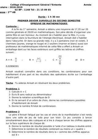Première page de Mathématiques 2nde A2, 2nde B — 1er devoir surveillé, 2e semestre (2018-2019) · CEG L'Entente