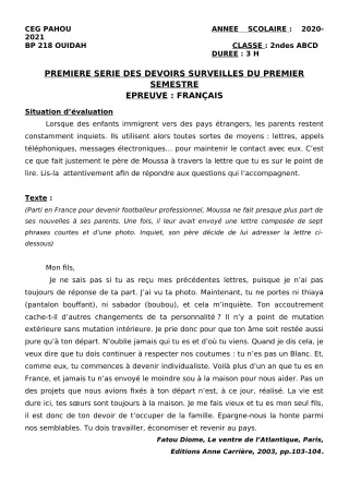 Première page de Français 2nde A & B, 2nde A2, 2nde C, 2nde D — 1er devoir surveillé, 1er semestre (2020-2021) · CEG PAHOU