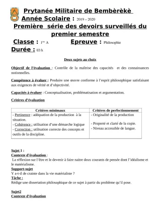 Première page de Philosophie 1ère A1, 1ère A2 — 1er devoir surveillé, 1er semestre (2019-2020) · PMB