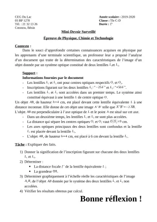 Première page de PCT Tle C — Devoir surveillé (2019-2020) · CEG du Lac