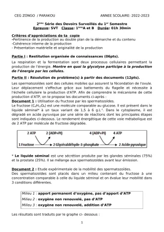 Première page de SVT 1ère A1, 1ère A2, 1ère B — 2e devoir surveillé, 1er semestre (2022-2023) · CEG ZONGO