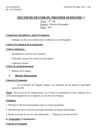 Première page de Histoire-Géographie 2nde A & B, 2nde A1, 2nde A2, 2nde B — 2e devoir surveillé, 1er semestre (2019-2020) · CEG Attogon