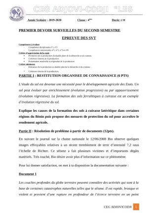 Première page de SVT 4e — 1er devoir surveillé, 2e semestre (2019-2020) · CEG ADJOVICODJI 'LES OLIVIERS'