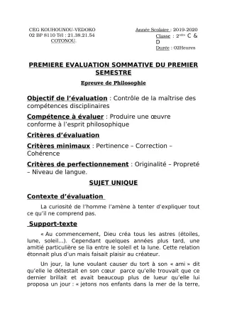 Première page de Philosophie 2nde C, 2nde D — 1re évaluation sommative, 1er semestre (2019-2020) · CEG Kouhounou-Vêdoko