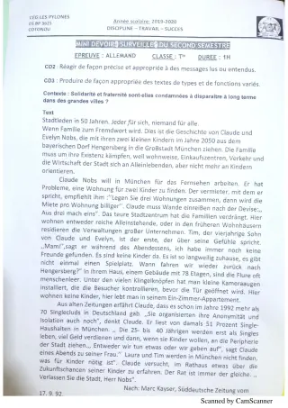 Première page de Devoir surveillé de ALLEMAND — 4e ML, 3e ML, Tle A1, Tle A2, Tle B — CEG Les Pylônes (2019)