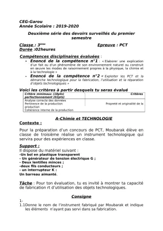 Première page de PCT 3e — 2e devoir surveillé, 1er semestre (2019-2020) · CEG GAROU