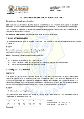 Première page de PCT 4e — 1er devoir surveillé, 2e trimestre (2019-2020) · CPEG LE PHARAON