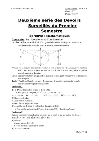 Première page de Mathématiques 6e — 2e devoir surveillé, 1er semestre (2019-2020) · CEG Agassa Godomey
