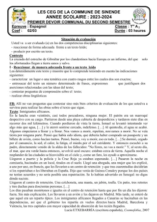 Première page de Espagnol Tle A2 — 1er devoir surveillé, 2e semestre (2023-2024) · CEG SEKERE