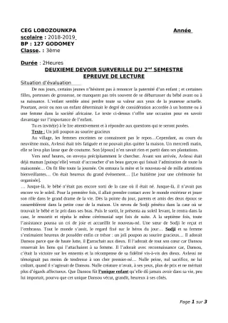Première page de Français 3e, 3e ML — 2e devoir surveillé, 2e semestre (2018-2019) · CEG Lobozounkpa