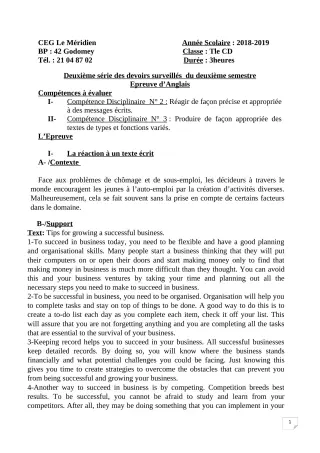Première page de Anglais Tle C, Tle D — 2e devoir surveillé, 2e semestre (2018-2019) · CEG Le Méridien