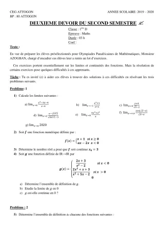 Première page de Mathématiques 1ère D — 2e devoir surveillé, 2e semestre (2019-2020) · CEG Attogon