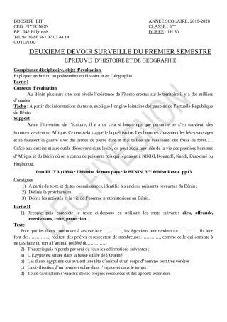 Première page de Histoire-Géographie 5e — 2e devoir surveillé, 1er semestre (2020-2021) · CEG FIYEGNON