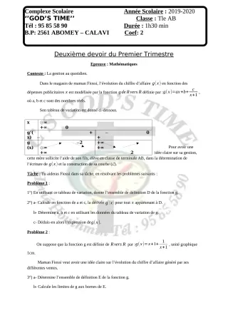 Première page de Mathématiques Tle A2 — 2e devoir surveillé, 1er trimestre (2019-2020) · CPEG GOD'S TIME