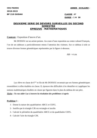 Première page de Mathématiques 6e — 2e devoir surveillé, 2e semestre (2018-2019) · CEG PAHOU