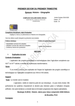 Première page de Histoire-Géographie 3e — 1er devoir surveillé, 1er trimestre (2019-2020) · CPEG MARIA GRACIA