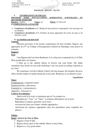 Première page de Anglais 6e — 1er semestre (2020-2021) · CEG Dantokpa