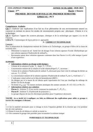 Première page de PCT 3e — 1er devoir surveillé, 1er semestre (2020-2021) · CEG ZONGO