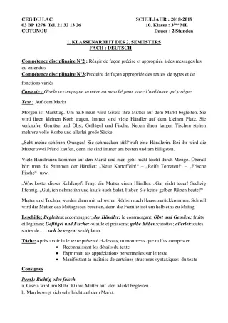Première page de Devoir surveillé de ALLEMAND — 2nde A, 2nde B — CEG du Lac (2018)