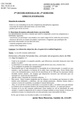 Première page de Espagnol 2nde A1, 2nde A2 — 2e devoir surveillé, 2e semestre (2019-2020) · CEG Yagbe