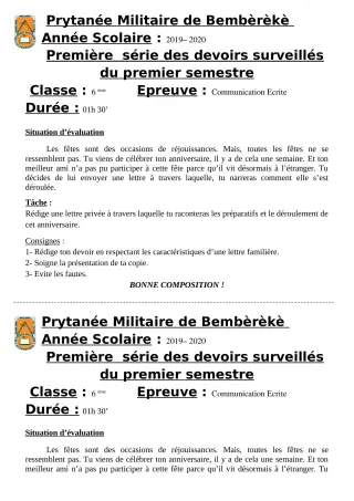 Première page de Français 6e — 1er devoir surveillé, 1er semestre (2019-2020) · PMB