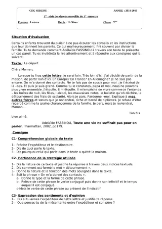 Première page de Français 5e — 1er devoir surveillé, 1er semestre (2018-2019) · CEG SEKERE