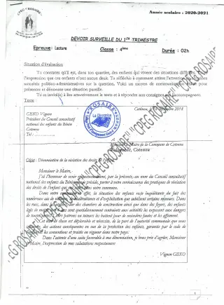 Première page de Français 4e — 1er trimestre (2020-2021) · CPEG ROSAIRE