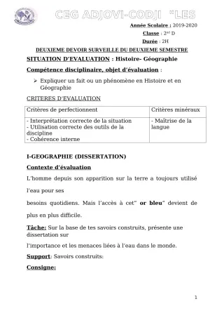 Première page de Histoire-Géographie 2nde D — 2e devoir surveillé, 2e semestre (2019-2020) · CEG ADJOVICODJI 'LES OLIVIERS'