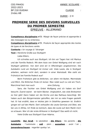 Première page de Allemand 2nde A2, 2nde B — 1er devoir surveillé, 1er semestre (2022-2023) · CEG PAHOU