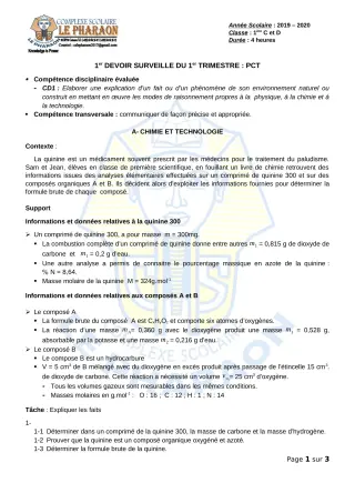Première page de PCT 1ère C, 1ère D — 1er devoir surveillé, 1er trimestre (2019-2020) · CPEG LE PHARAON