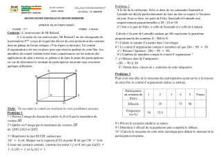 Première page de Mathématiques 4e — 2e devoir surveillé, 2e semestre (2021-2022) · CEG SEKERE
