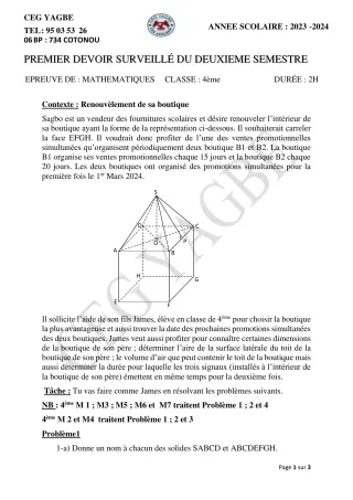 Première page de Mathématiques 4e — 1er devoir surveillé, 2e semestre (2023-2024) · CEG Yagbe