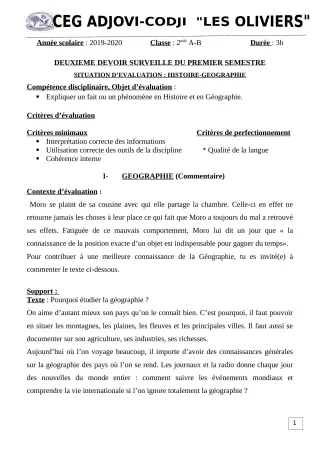 Première page de Histoire-Géographie 2nde B — 2e devoir surveillé, 1er semestre (2019-2020) · CEG ADJOVICODJI 'LES OLIVIERS'