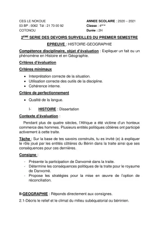 Première page de Histoire-Géographie 4e, 4e ML — 2e devoir surveillé, 1er semestre (2020-2021) · CEG LE NOKOUE