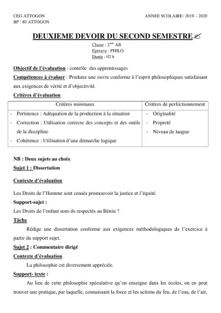 Première page de Philosophie 2nde A & B, 2nde A1, 2nde A2, 2nde B — 2e devoir surveillé, 2e semestre (2019-2020) · CEG Attogon