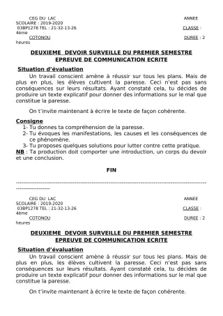 Première page de Français 4e — 2e devoir surveillé, 1er semestre (2019-2020) · CEG du Lac