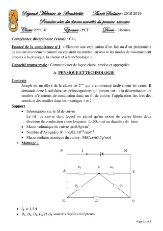 Première page de PCT 2nde C — 1er devoir surveillé, 1er semestre (2018-2019) · PMB