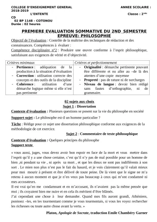 Première page de Philosophie 2nde C, 2nde D — 1re évaluation sommative, 2e semestre (2018-2019) · CEG L'Entente