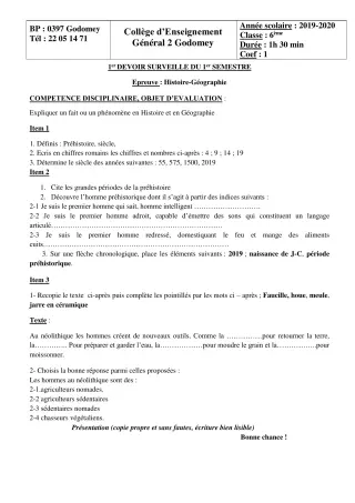 Première page de Histoire-Géographie 6e — 1er devoir surveillé, 1er semestre (2019-2020) · CEG2 Godomey