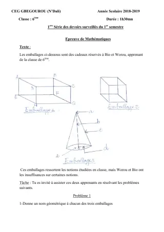 Première page de Mathématiques 6e, 5e, 4e, 4e ML, 3e, 3e ML — 1er devoir surveillé, 1er semestre (2018-2019) · CEG Gbegourou