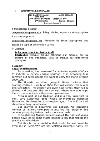 Première page de Anglais 3e, 3e ML — 2e devoir surveillé, 2e semestre (2018-2019) · CEG2 ABOMEY - CALAVI (CEG ZOCA)