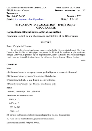 Première page de Histoire-Géographie 6e, 5e — Devoir surveillé, 1er trimestre (2020-2021) · CPEG LICA
