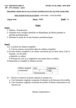 Première page de Histoire-Géographie 5e — 1re évaluation sommative, 2e semestre (2019-2020) · CEG Ahossougbéta