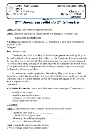Première page de Anglais 5e, 1ère A2, 1ère B, 1ère C, 1ère D — 2e devoir surveillé, 1er trimestre (2023-2024) · CPEG SAINT Justin